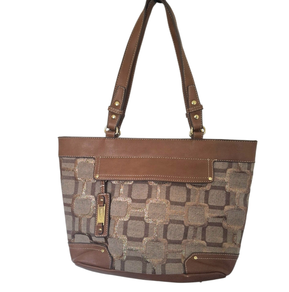 Nine West Tan Glittery Embossed Canvas Shoulder Tote Bag